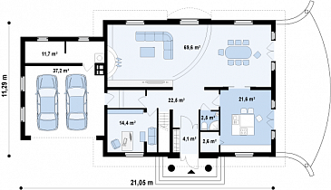 Проект большого одноэтажного мансардного дома из кирпича с просторной гостиной, гаражом и бильярдной / План 1 этажа