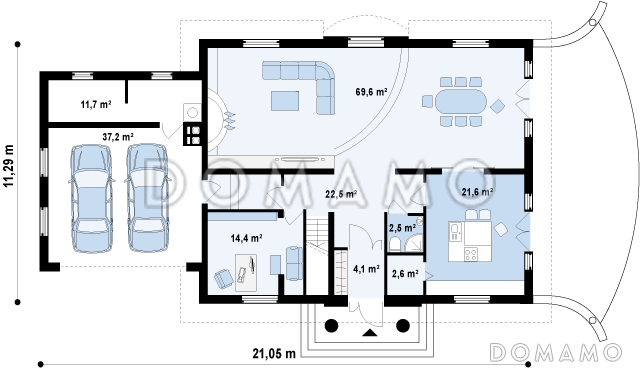 Проект большого одноэтажного мансардного дома из кирпича с просторной гостиной, гаражом и бильярдной / План 1 этажа
