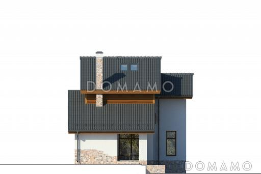 Проект дома с панорамными окнами, просторной гостиной и кухней-столовой, сауной, кабинетом на мансардном этаже, балконом и лоджией / Фасад 3