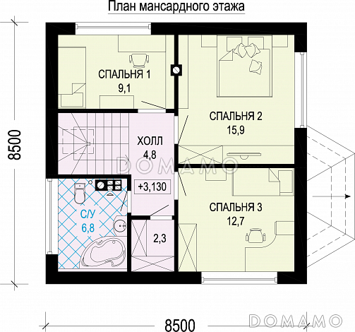 Проект одноэтажного дома из газобетона с мансардой, эркером, треугольными окнами и шатровой ломанной крышей / План мансардного этажа Проект одноэтажного дома из газобетона с мансардой, эркером, треугольными окнами и шатровой ломанной крышей / План мансардного этажа