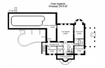 Проект загородного дома с пристроенным задним бассейна из светопрозрачных конструкций / План цокольного этажа Проект загородного дома с пристроенным задним бассейна из светопрозрачных конструкций / План цокольного этажа