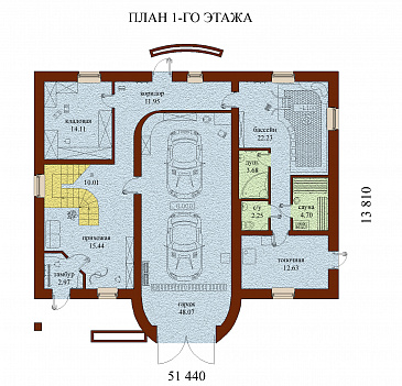 Проект двухэтажного дома с мансардой, с гаражом, с сауной, бассейном и вторым светом  / План 1 этажа