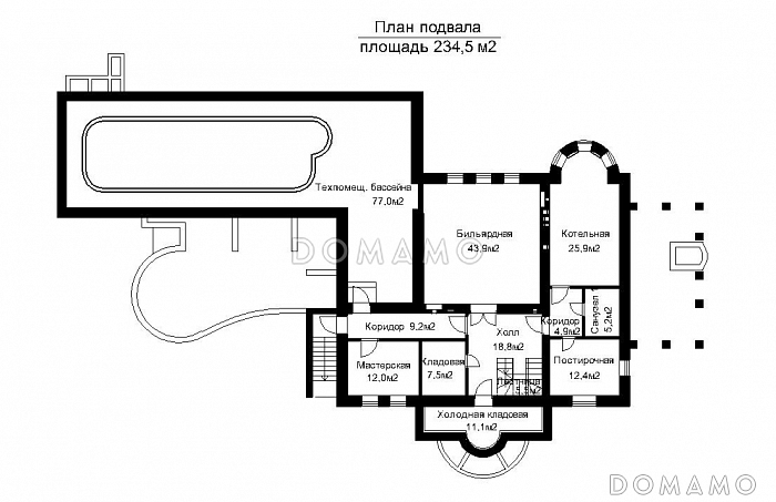 Проект загородного дома с пристроенным задним бассейна из светопрозрачных конструкций / План цокольного этажа Проект загородного дома с пристроенным задним бассейна из светопрозрачных конструкций / План цокольного этажа