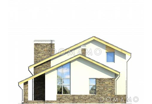 Проект дома с крытой террасой, сауной и душевой, двумя спальнями на первом этаже, гостиной с камином, балконом, вторым светом / Фасад 3