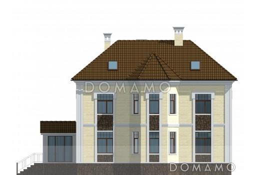 Проект двухэтажного коттеджа из СИП панелей с четырехскатной кровлей / Фасад 3