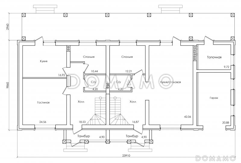 Проект двухэтажного коттеджа на две семьи / План 1 этажа