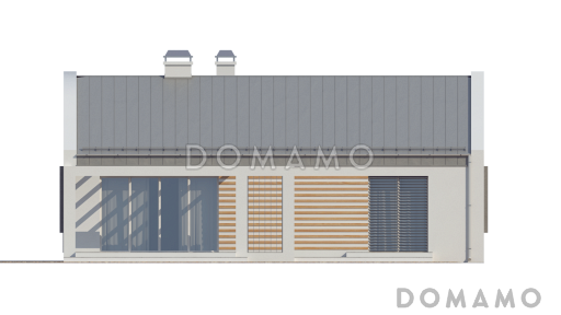 Проект одноэтажного дома из кирпича с современными элементами дизайна, с двумя спальнями и просторной дневной зоной / Фасад 4