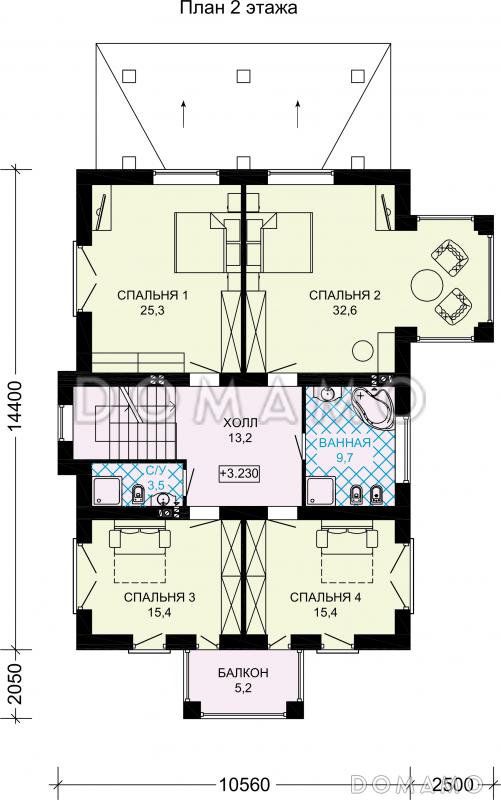 Проект двухэтажного особняка из газобетона с мансардой, балконом и террасой / План 2 этажа