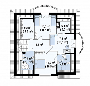 Проект одноэтажного мансардного дома из кирпича с двумя балконами и барбекю на террасе / План мансардного этажа