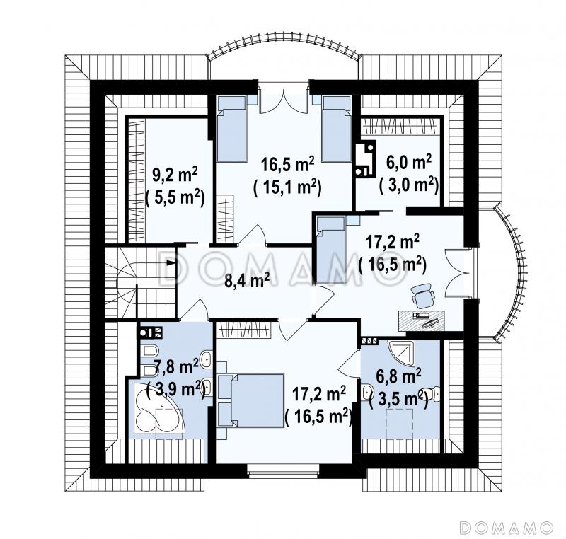 Проект одноэтажного мансардного дома из кирпича с двумя балконами и барбекю на террасе / План мансардного этажа