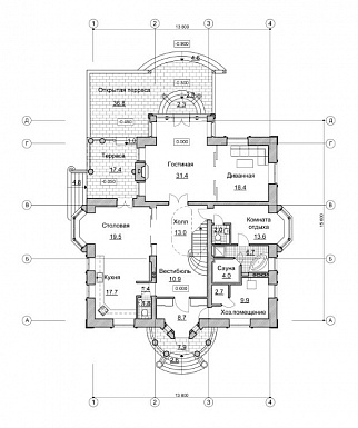 Проект изящного и просторного коттеджа / План 1 этажа Проект изящного и просторного коттеджа / План 1 этажа