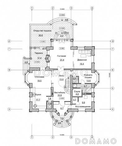 Проект изящного и просторного коттеджа / План 1 этажа Проект изящного и просторного коттеджа / План 1 этажа