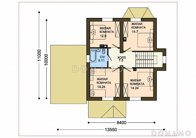 Проект бежевого оштукатуренного коттеджа с гаражом и эркером в гостиной / План мансардного этажа Проект бежевого оштукатуренного коттеджа с гаражом и эркером в гостиной / План мансардного этажа