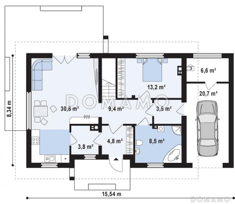 Проект одноэтажного мансардного дома из кирпича с дополнительной спальней на первом этаже и гаражом / План 1 этажа