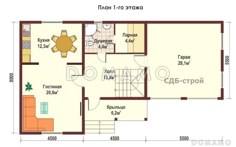 Дом из профилированного бруса по проекту ДПБ12 / План 1 этажа