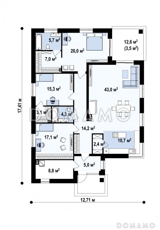 Проект дома с помещениями на одном уровне, выделенной спальной зоной, просторной гостиной, террасой / План 1 этажа