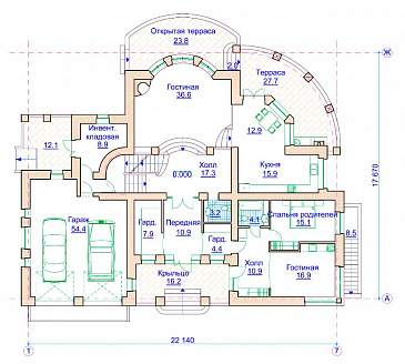 Проект коттеджа в стиле модерн с гаражом на 2 а/м и сауной / План 1 этажа Проект коттеджа в стиле модерн с гаражом на 2 а/м и сауной / План 1 этажа