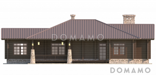 Проект одноэтажного дома с отделкой под брус и витражными окнами / Фасад 1