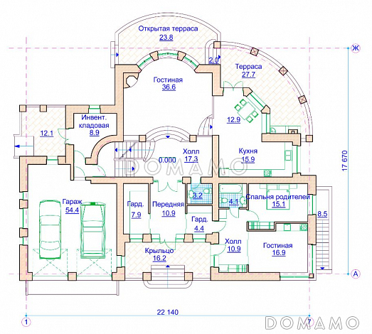 Проект коттеджа в стиле модерн с гаражом на 2 а/м и сауной / План 1 этажа Проект коттеджа в стиле модерн с гаражом на 2 а/м и сауной / План 1 этажа