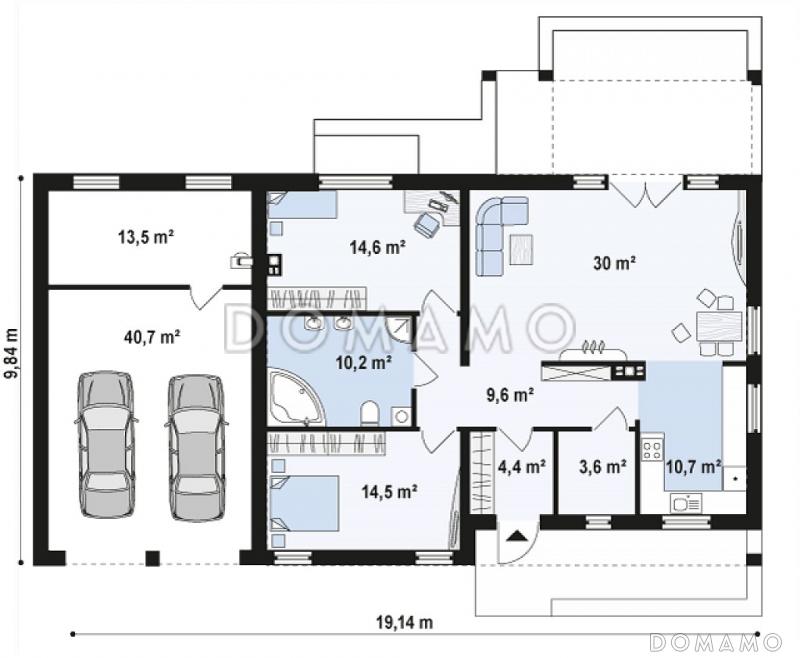 Проект одноэтажного дома из кирпича с современными элементами дизайна, с двумя спальнями и просторной дневной зоной и гаражом на 2 автомобиля / План 1 этажа