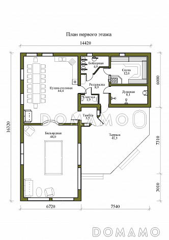 Проект одноэтажной бани с бильярдной и кухней-столовой / План 1 этажа Проект одноэтажной бани с бильярдной и кухней-столовой / План 1 этажа