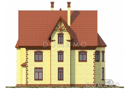 Проект трехэтажного дома с башней, верандой и функциональными чердачными помещениями / Фасад 1