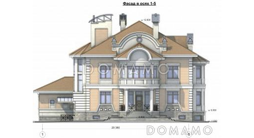Проект коттеджа с двусветной гостиной, бассейном и зимним садом / Фасад 1
