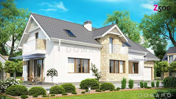 Проект мансардного дома из кирпича с гаражом, прямоугольным эркером и двумя балконами