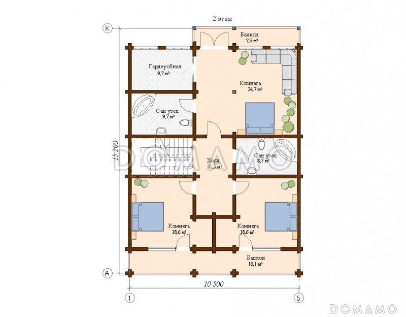 Проект дома с большой открытой террасой / План мансардного этажа