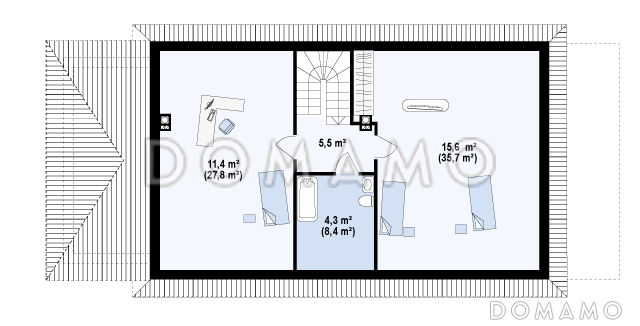 Проект просторного мансардного дома из газобетона со спальней на первом этаже и с двумя на втором / План мансардного этажа