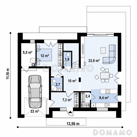 Проект традиционного загородного дома с мансардой, гаражом на одну машину, кладовой на кухне / План 1 этажа