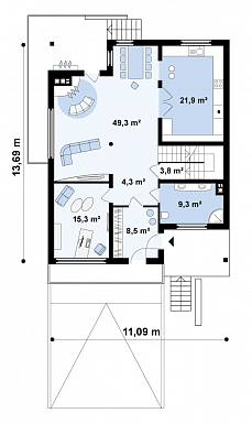 Проект большого двухэтажного дома из газобетона с цокольным этажом и подземным гаражом / План 1 этажа