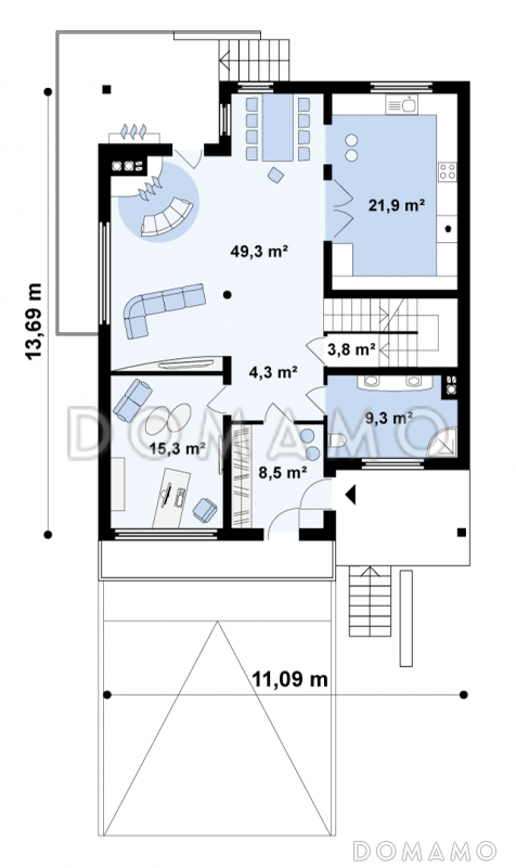 Проект большого двухэтажного дома из газобетона с цокольным этажом и подземным гаражом / План 1 этажа