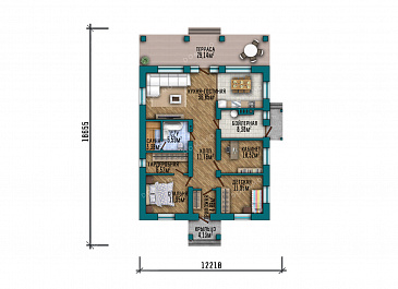 Проект выразительного одноэтажного дома с двухскатной крышей в разных уровнях, большой террасой и вторым светом / План 1 этажа Проект выразительного одноэтажного дома с двухскатной крышей в разных уровнях, большой террасой и вторым светом / План 1 этажа