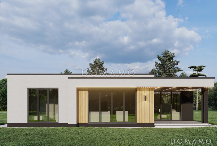 Проект одноэтажного дома с мастер-спальней, просторной кухней-гостиной и блоком с тремя спальнями Проект одноэтажного дома с мастер-спальней, просторной кухней-гостиной и блоком с тремя спальнями