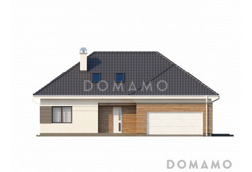 Проект одноэтажного мансардного дома из газобетона с гостевой спальней и кабинетом на первом этаже и встроенным гаражом / Фасад 1