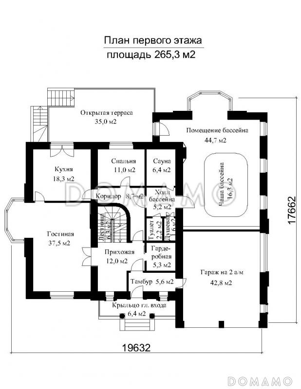Проект импозантного особняка с гаражом на две машины, бассейном и тренажерным залом / План 1 этажа