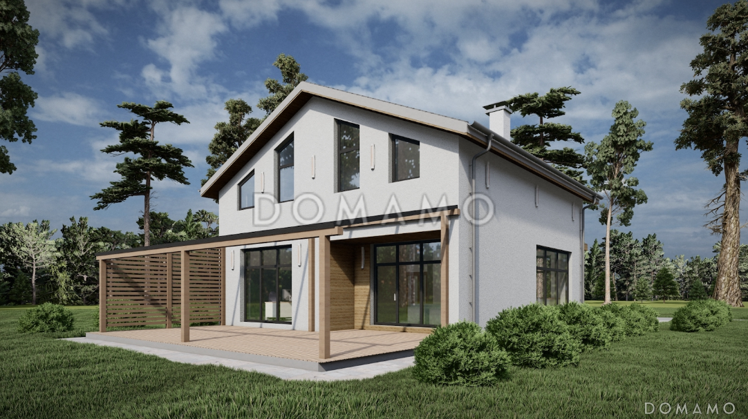 Проект коттеджа с просторной крытой террасой, кабинетом, длинным балконом на мансардном этаже на две спальни / 4