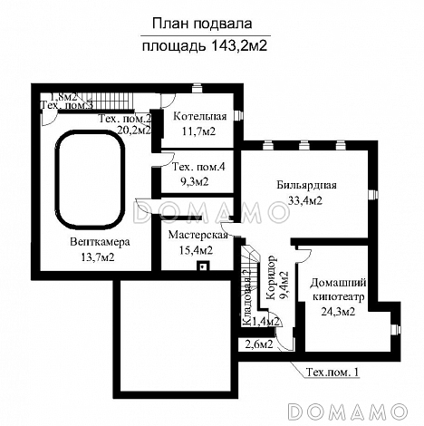 Проект загородного дома с бассейном и гаражом на 2 машины  / План цокольного этажа Проект загородного дома с бассейном и гаражом на 2 машины  / План цокольного этажа