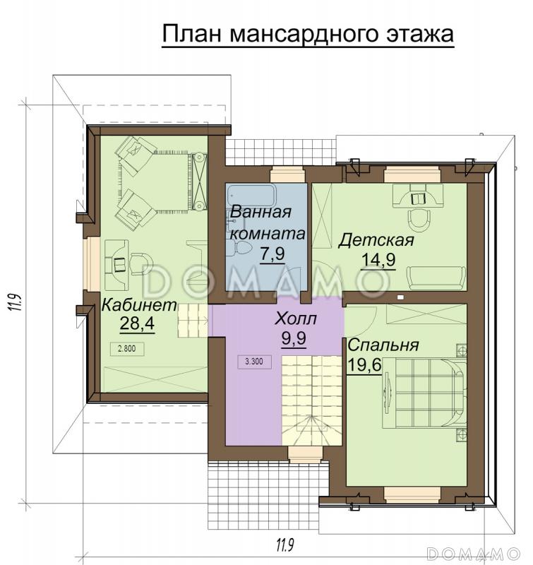 Проект одноэтажного дома с мансардным этажом и встроенным гаражом / План мансардного этажа
