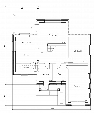 Проект красивого двухэтажного дома из СИП панелей c большим гаражом и террасой / План 1 этажа Проект красивого двухэтажного дома из СИП панелей c большим гаражом и террасой / План 1 этажа