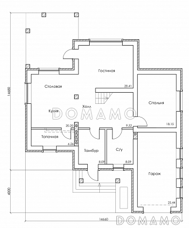 Проект красивого двухэтажного дома из СИП панелей c большим гаражом и террасой / План 1 этажа Проект красивого двухэтажного дома из СИП панелей c большим гаражом и террасой / План 1 этажа