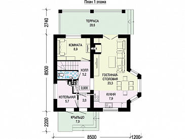 Проект одноэтажного мансардного дома по технологии ЛСТК с тремя спальнями, кабинетом, эркером и крытой террасой / План 1 этажа