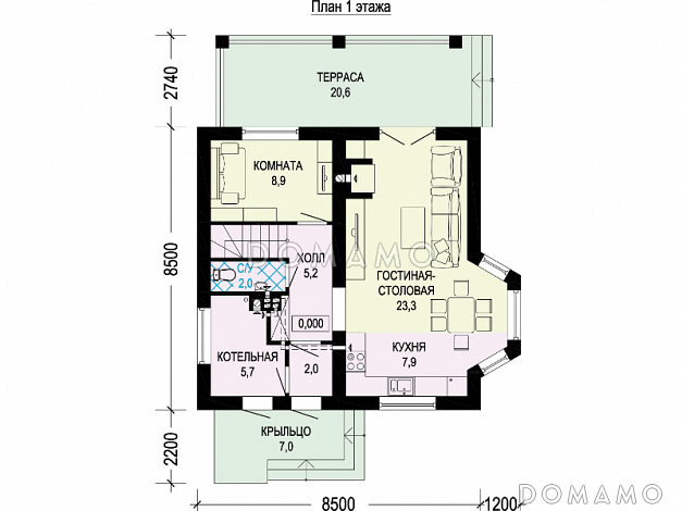 Проект одноэтажного мансардного дома по технологии ЛСТК с тремя спальнями, кабинетом, эркером и крытой террасой / План 1 этажа