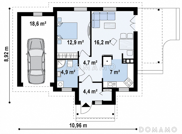Проект компактного одноэтажного дома из газобетона с одной спальней и гаражом / План 1 этажа