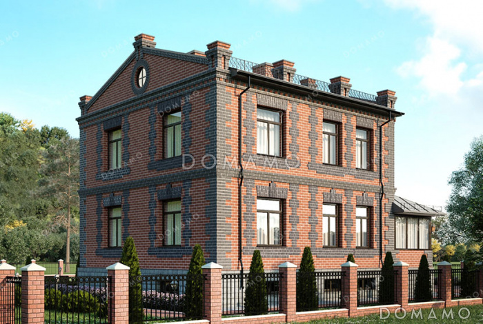 Проект кирпичного двухэтажного дома с 4 спальнями, верандой, круглой беседкой на террасе и обустроенным цокольным этажом