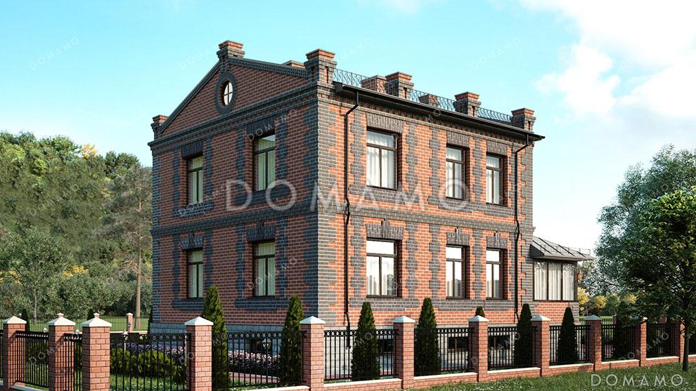 Проект кирпичного двухэтажного дома с 4 спальнями, верандой, круглой беседкой на террасе и обустроенным цокольным этажом / 3