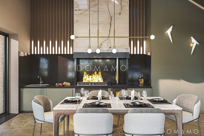 Проект дома из газобетона с навесом для автомобилей, мастер-спальней, совмещенной гостиной-столовой и кухней Проект дома из газобетона с навесом для автомобилей, мастер-спальней, совмещенной гостиной-столовой и кухней