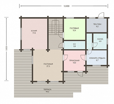 Проект деревянного дома из клееного бруса с просторной прихожей / План 1 этажа Проект деревянного дома из клееного бруса с просторной прихожей / План 1 этажа