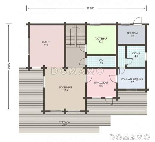 Проект деревянного дома из клееного бруса с просторной прихожей / План 1 этажа Проект деревянного дома из клееного бруса с просторной прихожей / План 1 этажа